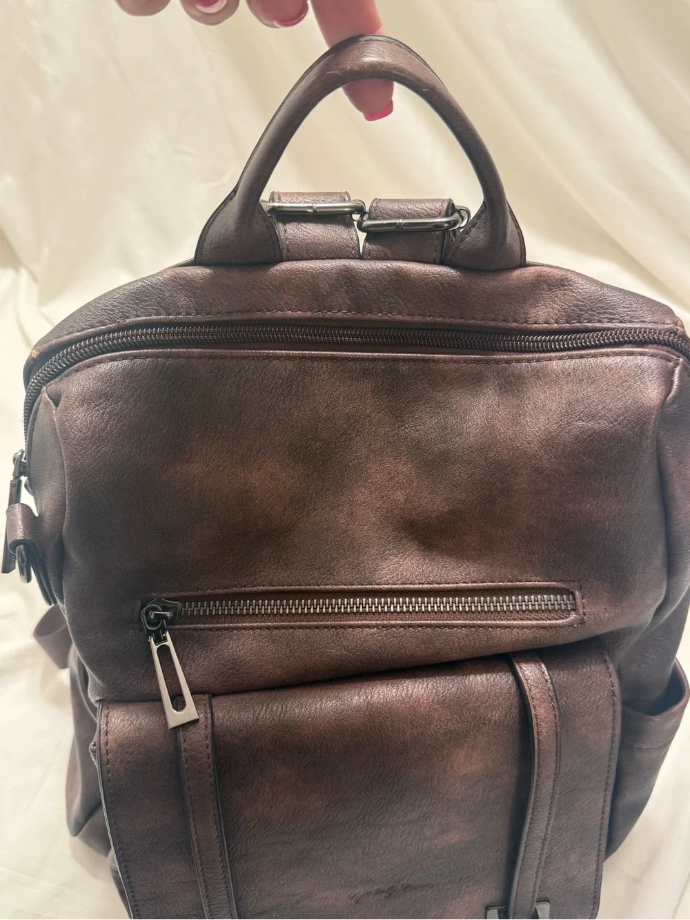 Page Classic Brown Faux Leather Backpack with Front Flap Pocket